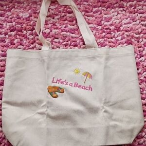 Clearance! 3/$15 Life's a Beach Cream Canvas Tote Bag - New